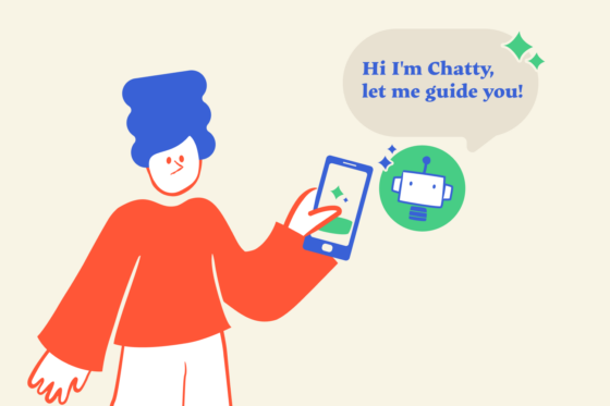 een illustratie van iemand die met een chatbot spreekt, de chatbot zegt: Hi I'm chatty, let me guide you!