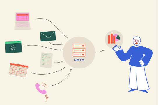 een illustratie van data uit verschillende bronnen die gecentraliseerd wordt en benut in dashboards