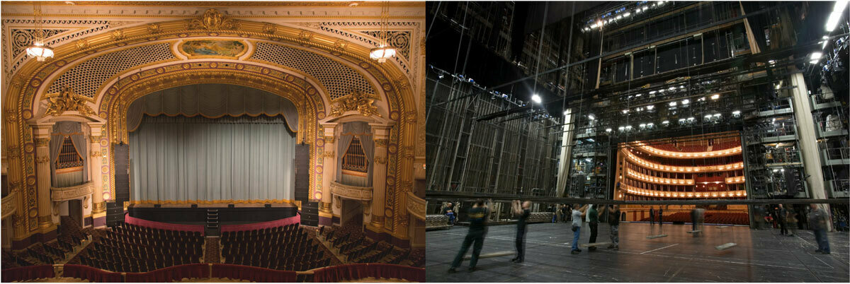 On the left, you have the front of a stage facing the audience. On the right you have the back of a stage where in the back wings everything is getting ready for the show.