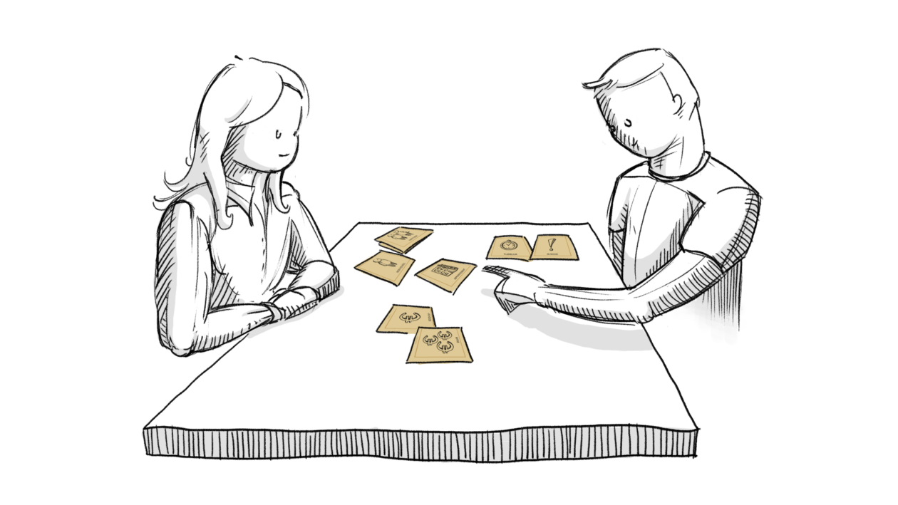 Sketch of conversation between staff member and young person using context cards.