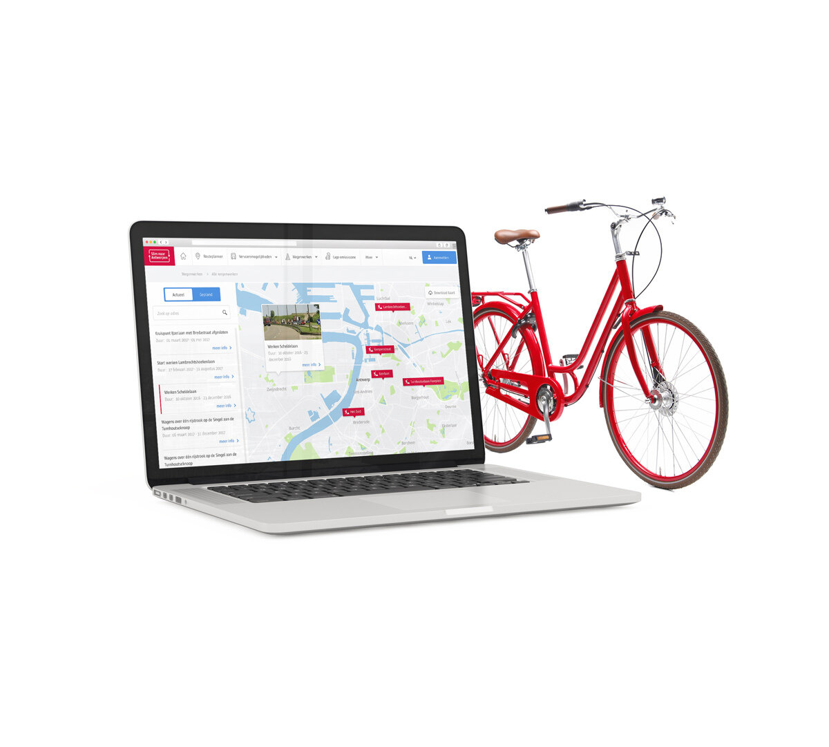 Laptop with the Smart to Antwerp website open. Next to the laptop stands a bicycle.