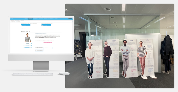 Five personas in life-size printed in a Acerta office. Computer screen showing a detailed version of a persona.