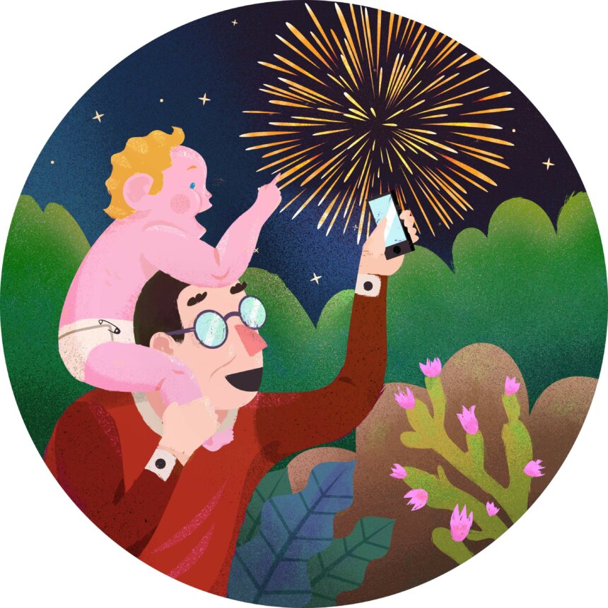 Illustration of man with child on his shoulders watching the fireworks appearing behind the trees.